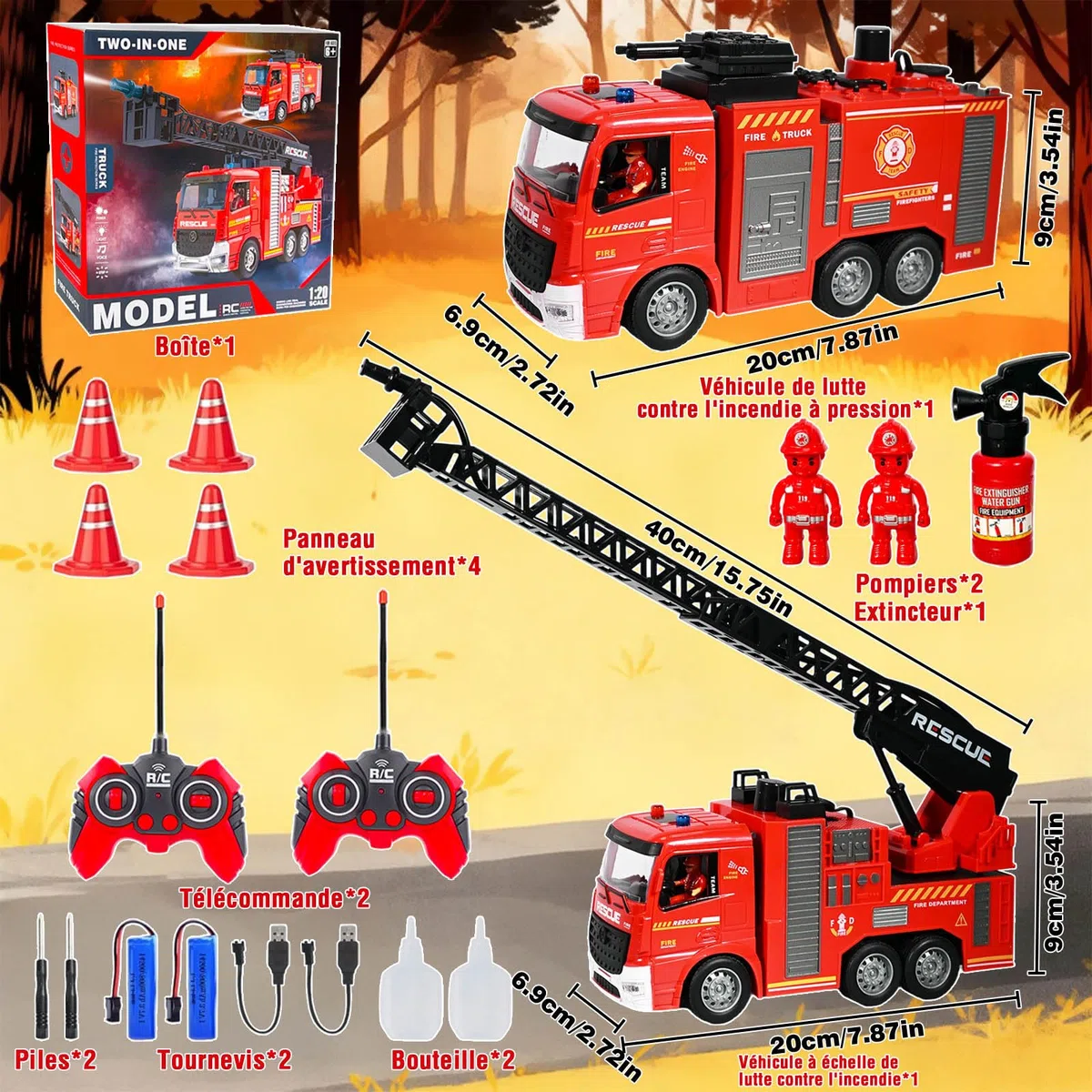 HILKKET 2 Camion Pompieri Giocattolo, Camion Pompieri Telecomandato con Luci, Suoni, Scala e Pompa Dell'acqua, con 2 Pompieri, 4 Secchielli e 1 Estintore