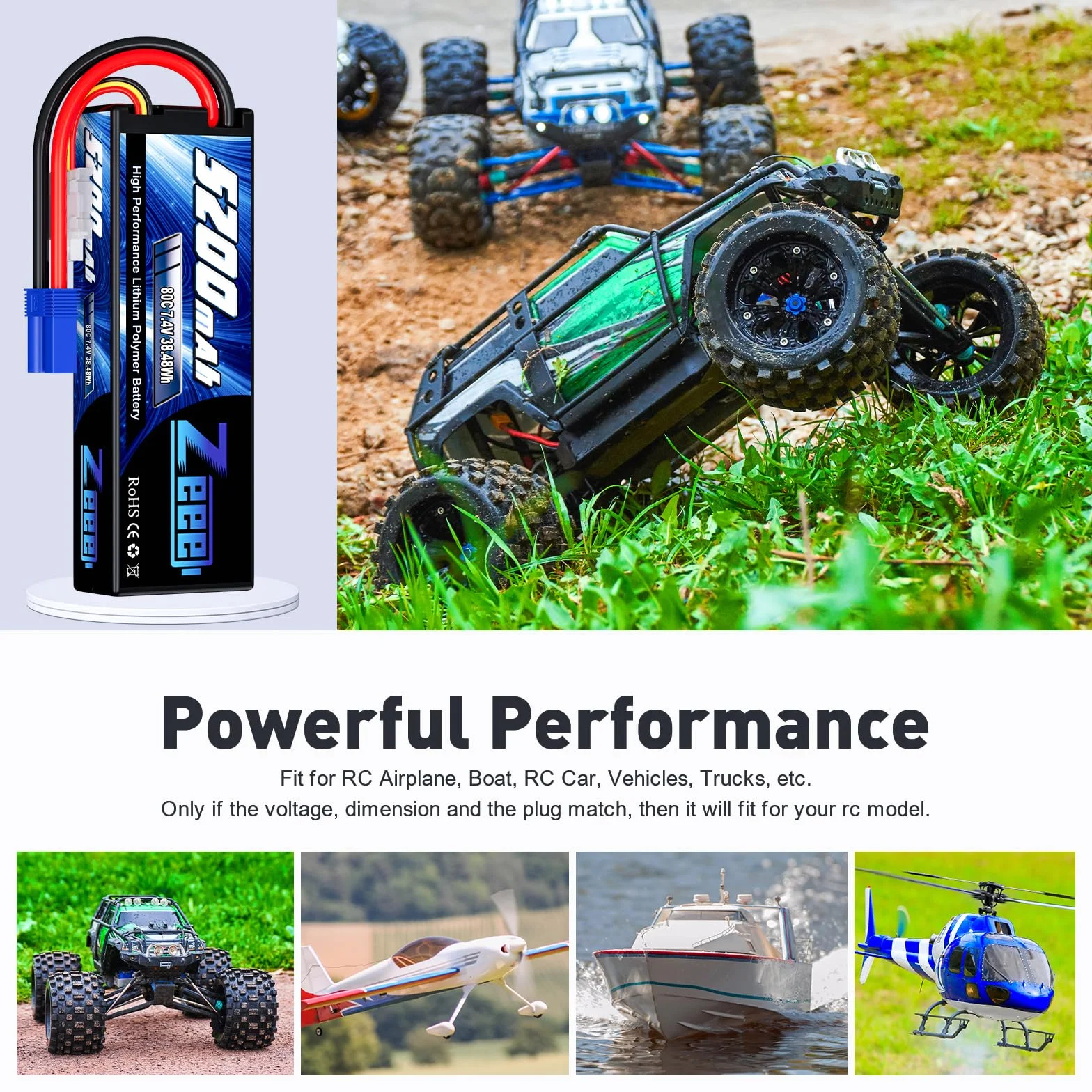 Zeee 2S Lipo Batteria 7,4V 80C 5200mAh RC Batteria Hardcase con Connectore EC5 Spina per RC Evader BX RC Veicolo Auto LKW Truggy RC Nave RC Modells RC Hobby (2 pezzi)