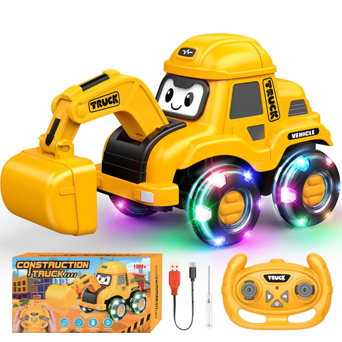 Macchina Telecomandata per Bambini, Escavatore Giocattolo con Luce LED e Suono, 2.4GHz Ruspa Telecomandata Giochi Bambini 3 4 5 Anni, Scavatore Telecomandato Regalo Bambino 3-8 Anni, Regali Natale