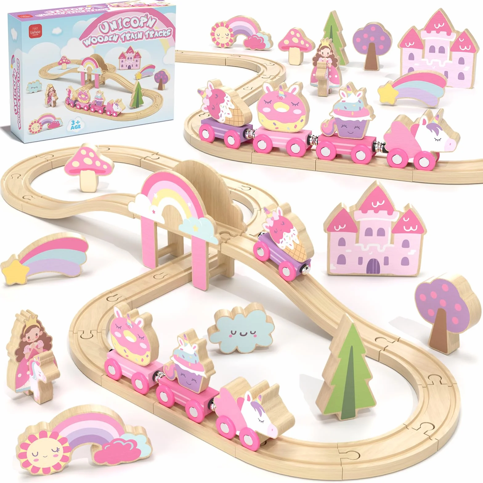 Lehoo Castle Trenino Legno, Pista in Legno per Bambini, Unicorno Bambina Regalo, Trenino Giocattolo