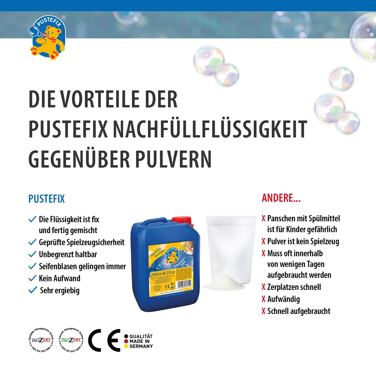 PUSTEFIX Bolle colorate prodotte in Germania, 2 x 2,5 l, per matrimoni, compleanni dei bambini, feste estive, bolle di sapone colorate per bambini e adulti