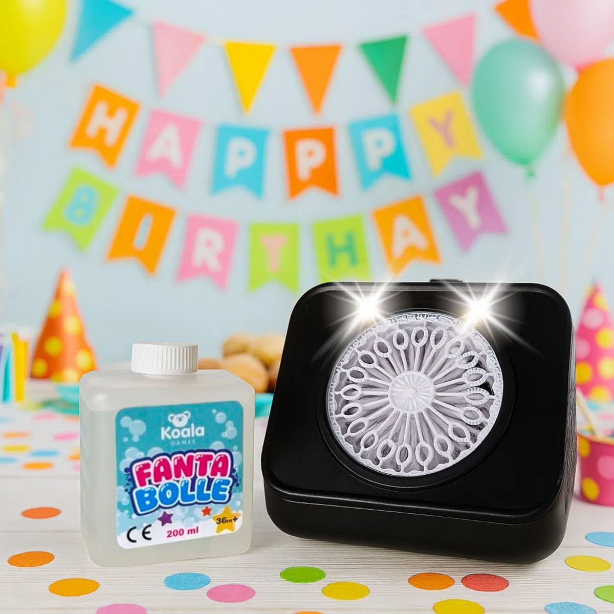 BEPER Macchina per Bolle di Sapone Automatica con Luci LED – 2 Velocità, Funzionamento Continuo – 200ml Liquido Incluso – Giocattolo Estivo per Bambini 36M+ – Funziona a Batterie (Non Incluse)