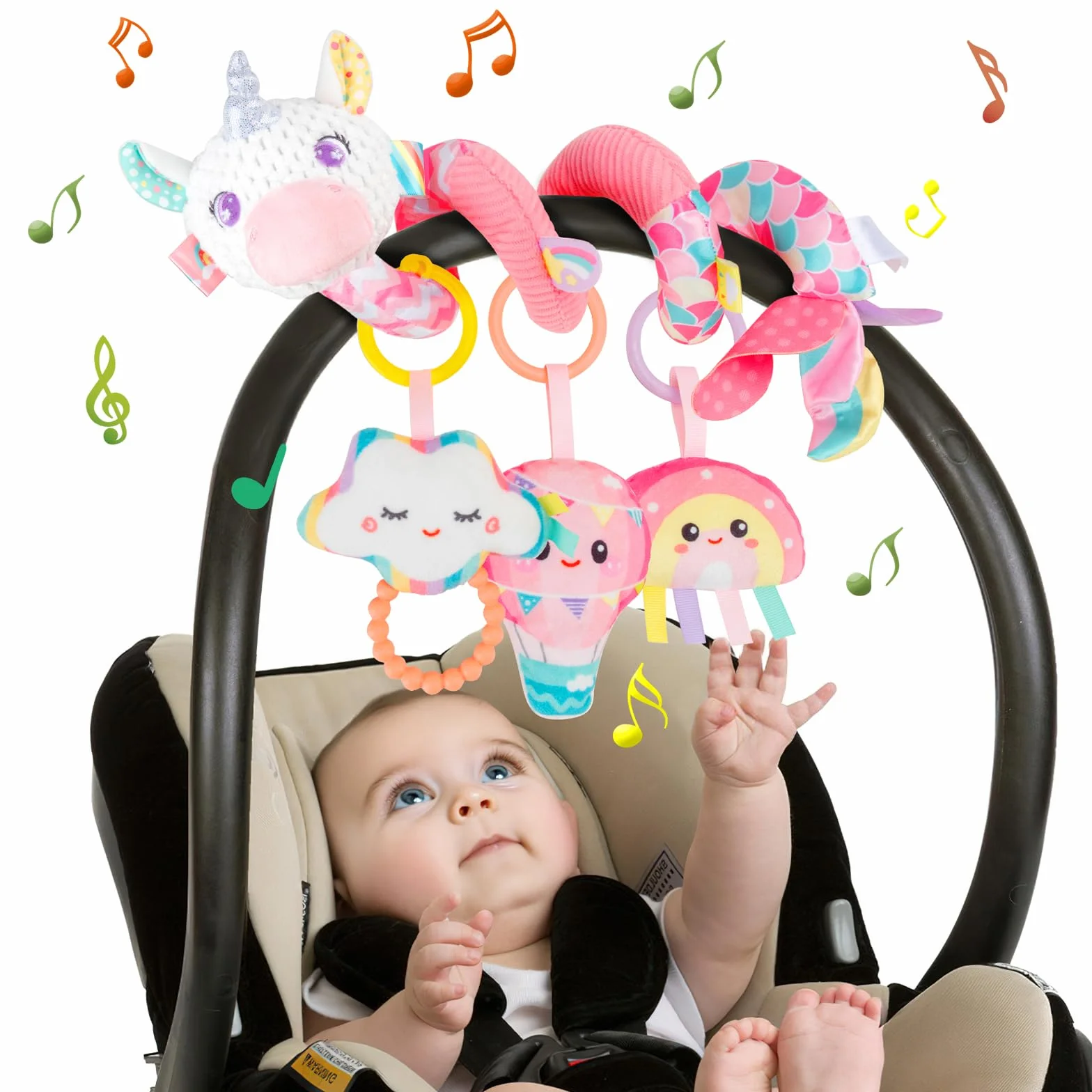 Giocattolo a Spirale Passeggino Neonato - Giochi Passeggino Neonati Regalo per 0 3 6 Mesi, Peluche Giocattolo a Spirale con Musica per Culla Neonato/Seggiolino Auto, Rosa