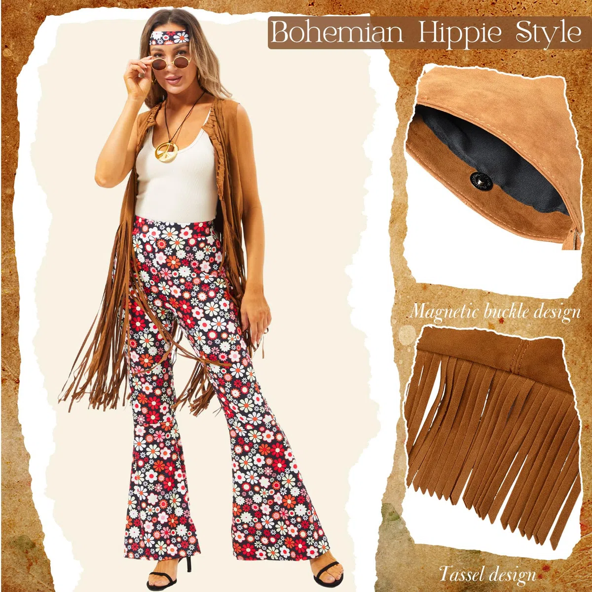 Hestya Set di Accessori per Costume Anni '60 Anni '70 Kit di Travestimento Hippie da Donna Gilet con Frange Pantaloni Svasati Borsa Fascia Fiori Occhiali da Sole Collana Pace per Halloween