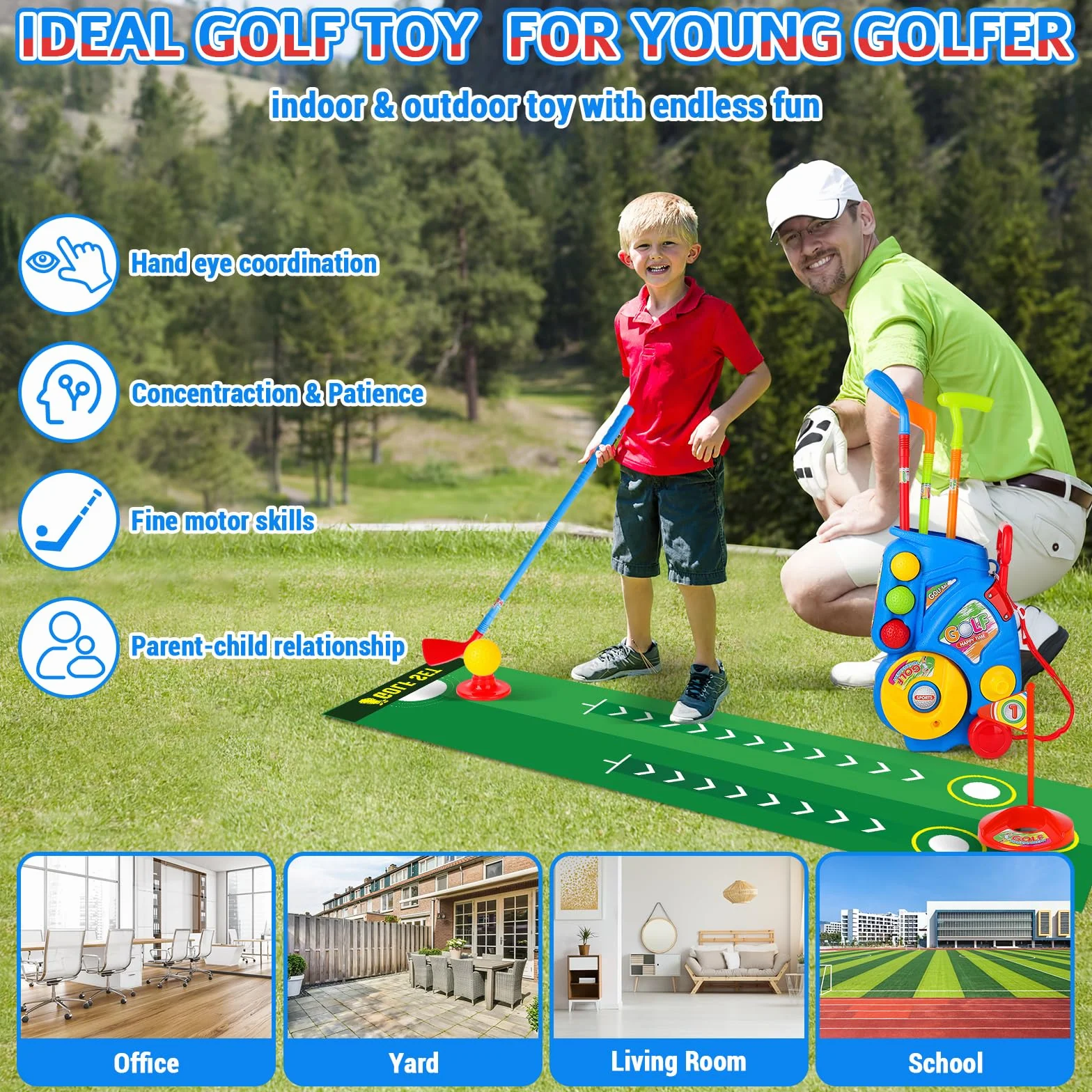 deAO Golf Set Giocattoli per Bambini, Tappetino da Golf, 4 Putter 60CM, 6 Palline, Regali di Compleanno per Ragazzi e Ragazze Blu