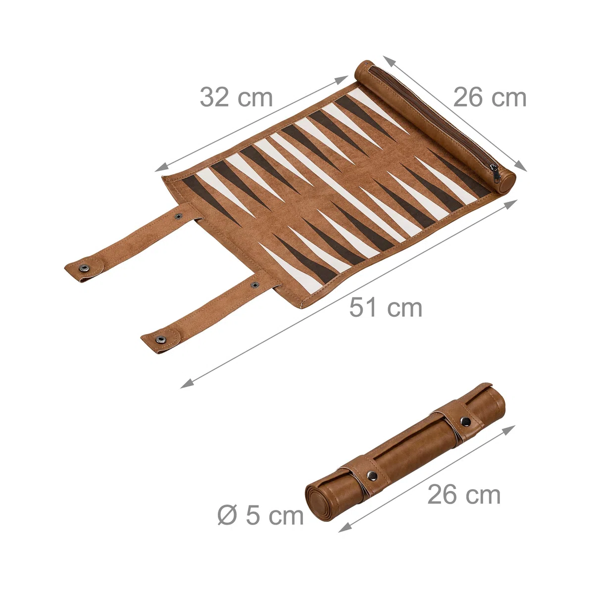 Relaxdays Backgammon da Viaggio, Campo da Gioco LxP: 32 x 26 cm, Arrotolabile, con Pedine e Dadi, Aspetto Pelle, Marrone