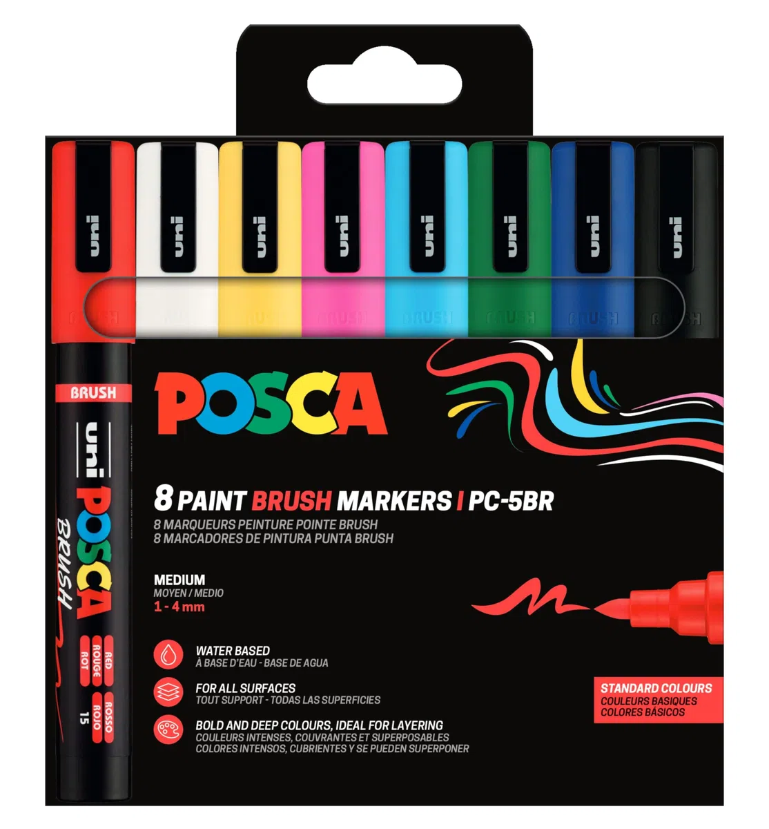 POSCA 184058 - Set di pennarelli a pennello POSCA, 8 marcatori acrilici con punta a pennello, pennarelli PC-5BR adatti a quasi tutte le superfici