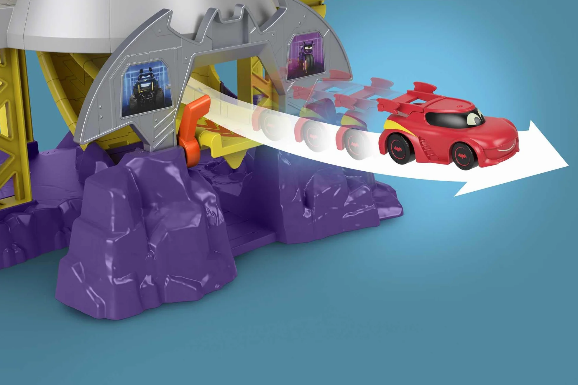 Fisher-Price DC Batwheels - Batcaverna Lancia e Sfreccia, playset con 3 piani di gioco, luci e suoni, veicoli Bam la Batmobile e Redbird inclusi, giocattolo per bambini, 3+ anni, HRJ21