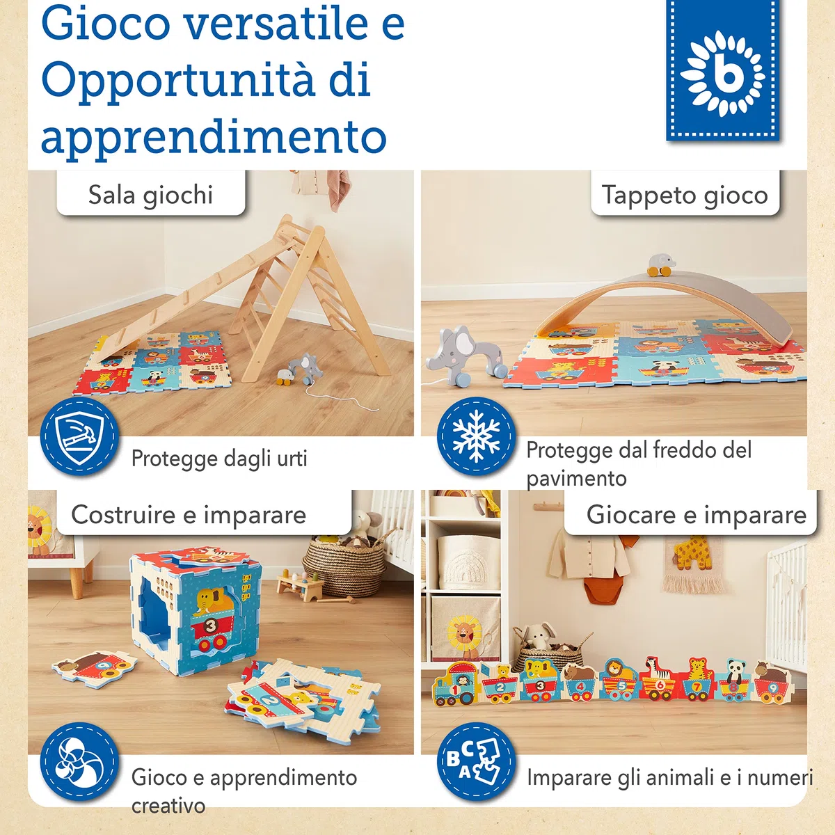 BIECO Tappeto Puzzle, 18 pz. | Tappetino Gioco Neonati | Puzzle XXL Bambini | Tappeto Gattonamento | Palestra | Tappeti Bambini | Imparare Lettere | Gioco