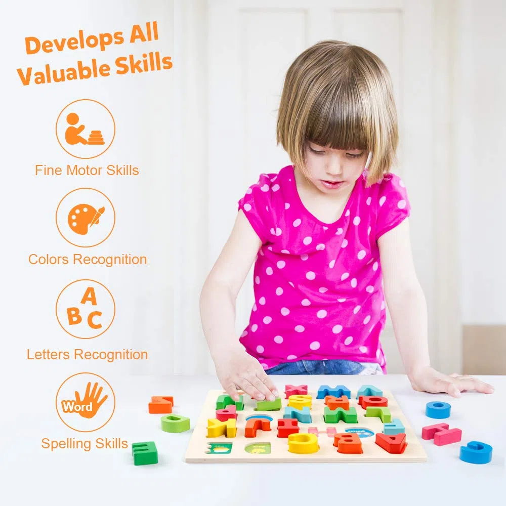 Coogam Alfabeto in legno Puzzle ABC Lettere Peg Consiglio Manopola Montessori Jigsaw Blocchi Apprendimento precoce Giocattolo Educativo Regalo per 1 2 3 Anni Toddler Bambino Bambini