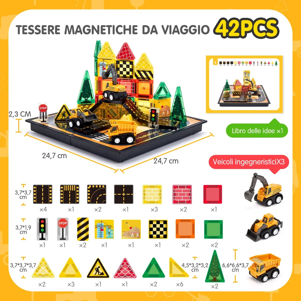 hahaland Costruzioni Magnetiche da Viaggio 42 Pezzi, Tessere Magnetiche Bambini 3+ Anni Tema Cantiere con Veicoli, Giochi Magnetici per Viaggi in Auto e Aereo, Regalo Compleanno 3 4 5 anni