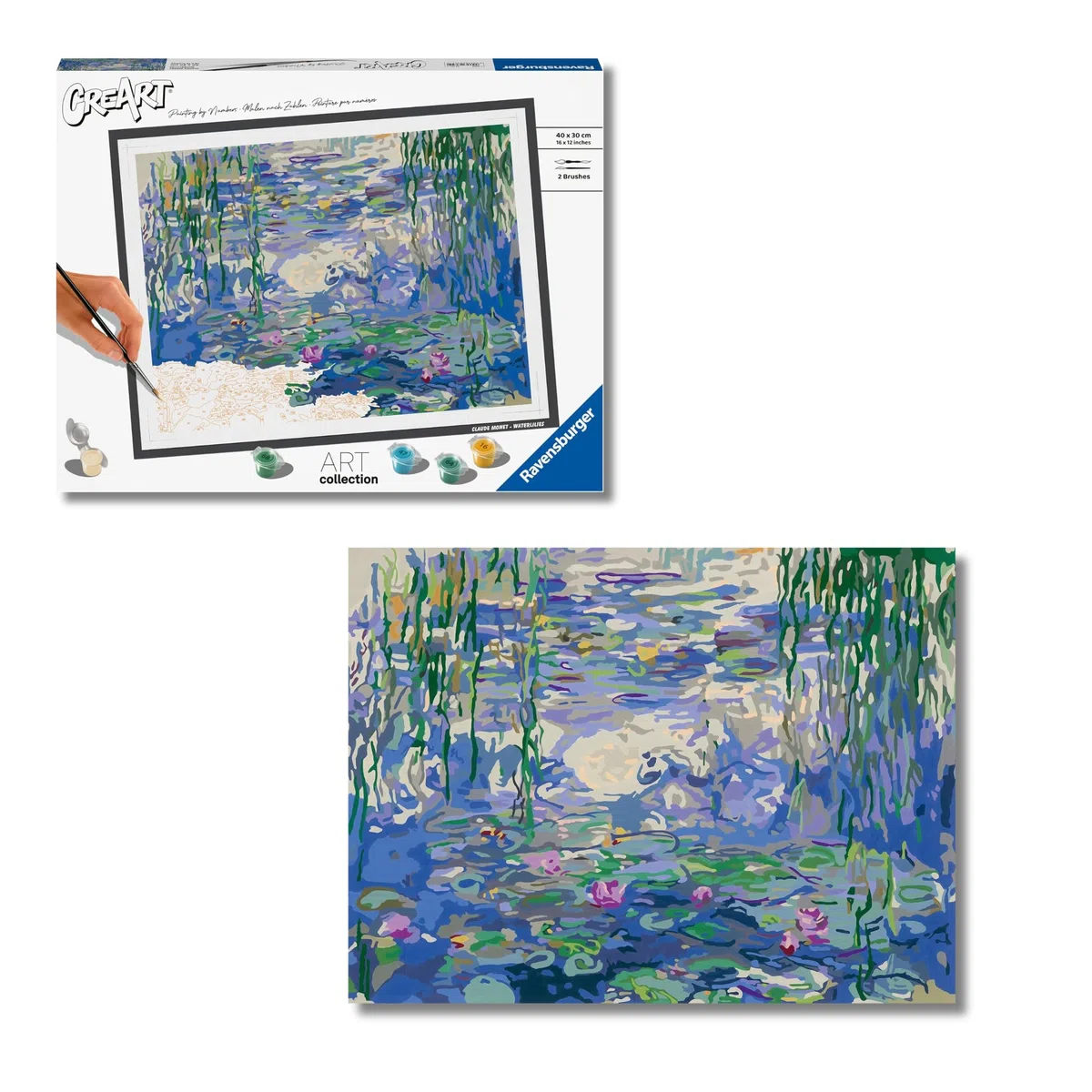 Ravensburger CreArt: Monet Le ninfee – Dipingere con i Numeri Adulti, Attività Creativa e Rilassante, Kit Pittura con Pennello e Colori Inclusi, 30 x 40 cm, Idee Regalo