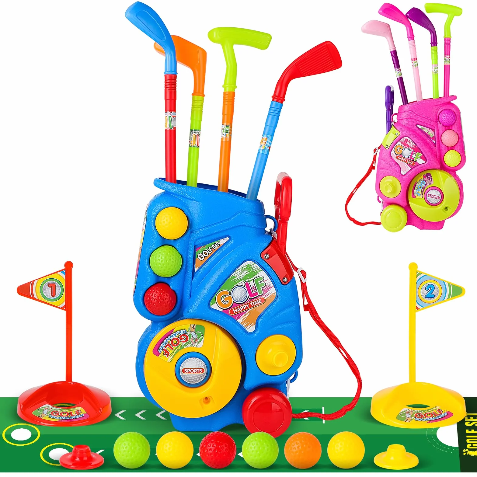 deAO Golf Set Giocattoli per Bambini, Tappetino da Golf, 4 Putter 60CM, 6 Palline, Regali di Compleanno per Ragazzi e Ragazze Blu
