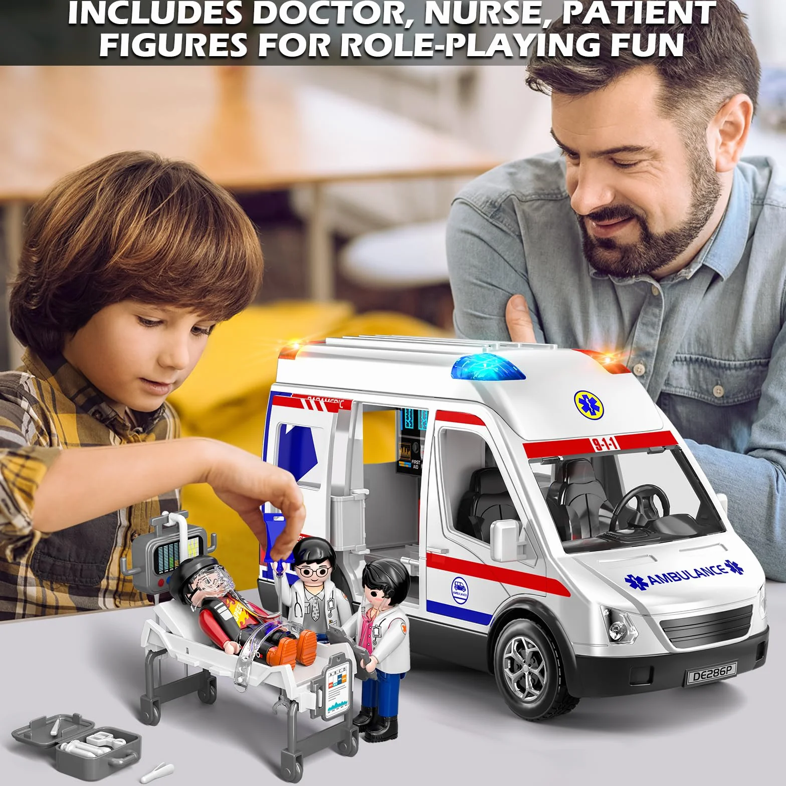 Ambulanza Elettrica per Bambini con Luci e Suoni - Veicolo di Soccorso con Barella, Giocattolo Interattivo - Regalo Educativo per Ragazzi e Ragazze dai 3 agli 8 Anni