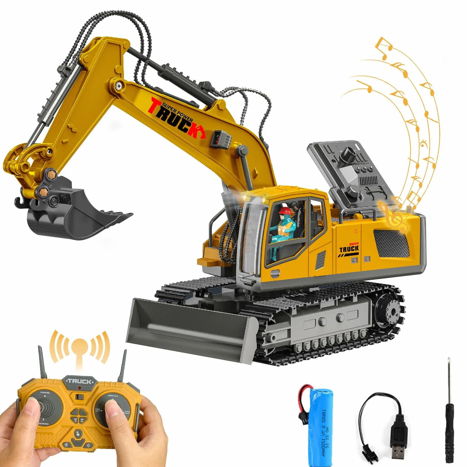 RedCrab Escavatore Telecomandato per Bambini, 2,4 Ghz Escavatori Radiocomandato con Benna in Metallo, 680° di Rotazione, Luci e Suoni, Regalo Compleanno Natale per Ragazzi 3 4 5 6 7 8 Anni
