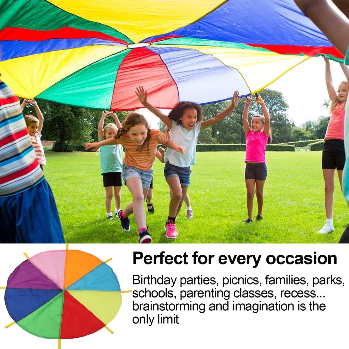 Paracadute Rainbow Gym - Paracadute all'aperto 5 m con manici sensoriali, giocattolo di attività di gruppo in nylon leggero, attrezzatura per esercizi, gioco di coordinamento della Po
