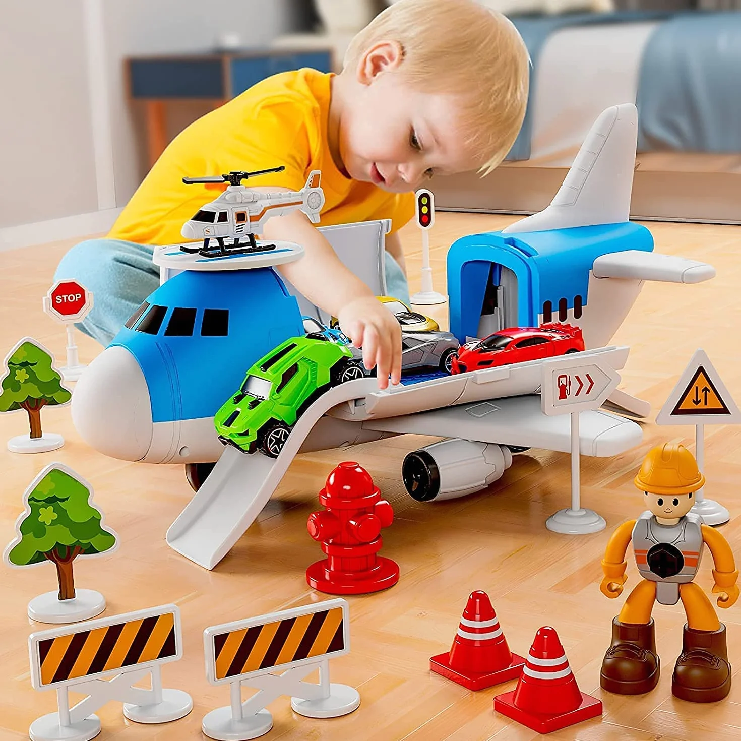 Giocattolo per Bambini 3 -5 Anni, 19 in 1 Trasportatore di Aerei Aeroplani, Camion, Regalo per Ragazzi