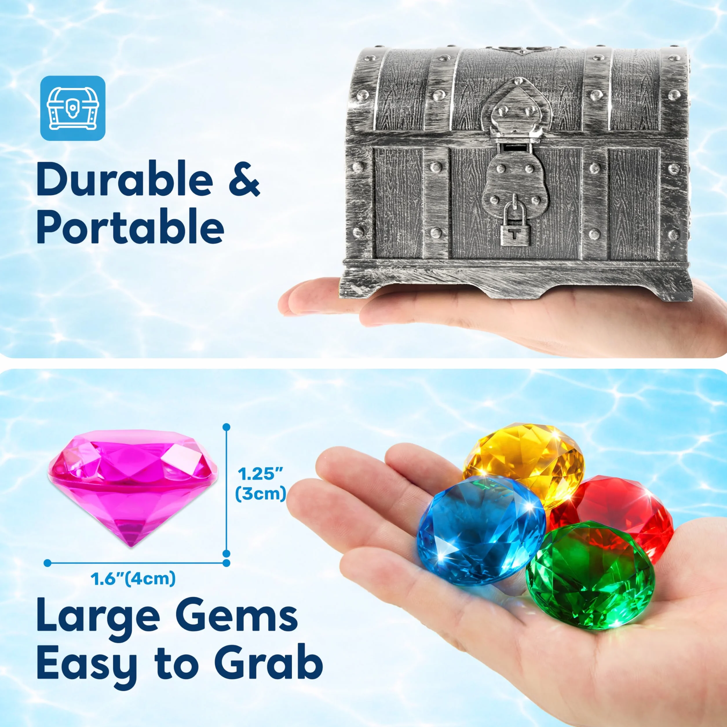 Sloosh Giocattolo da Piscina Diving Gems, 16 Grandi Diamanti Colorati con Scrigno dei Pirati, Giocattolo subacqueo per Bambini con Gemme subacquee, Regalo per l'allenamento al Nuoto