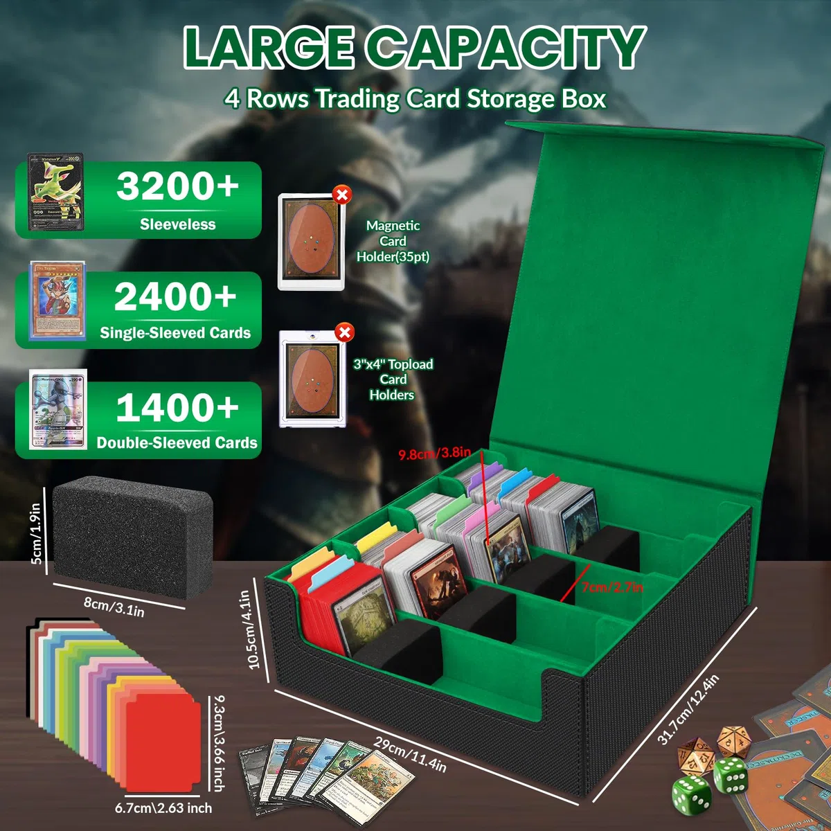 Scatola per Carte per Oltre 3200 Carte, Scatole per Carte Collezionabili con 24 Divisori Colorati e 4 Schiuma, Scatole per Mazzi Magnetici Premium, Custodia in pelle PU Magic the Gathering(Nero Verde)