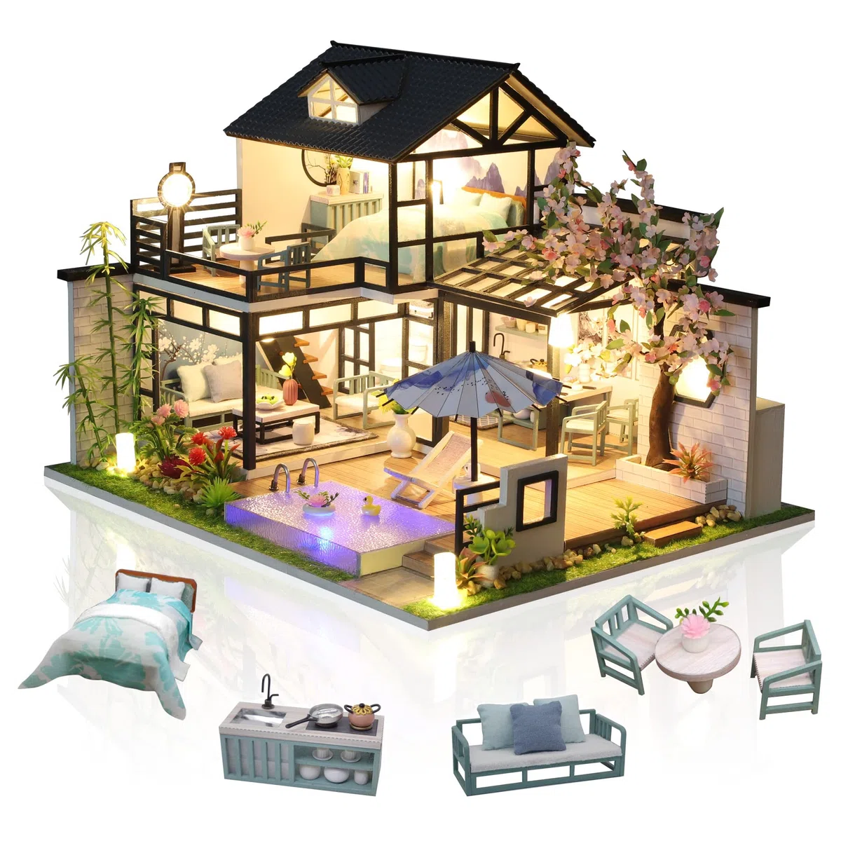 Cuteefun Kit Case in Miniatura da Costruire per Adulti, Miniature Casa delle Bambole Fai da Te con Mobili Musica e Strumenti, Regali Creativi Artigianali (Cortile Poetico)