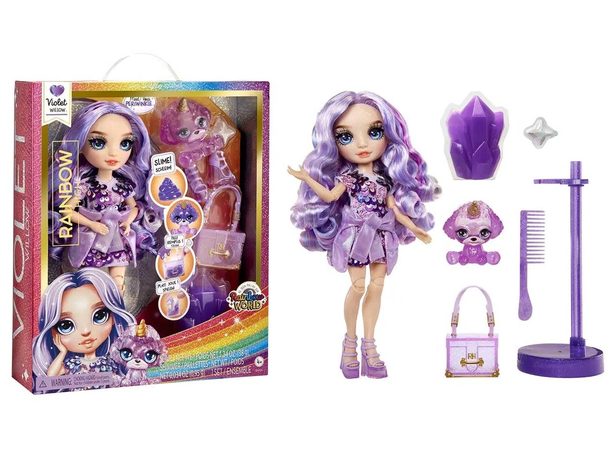 Rainbow High Fashion Doll con Slime Kit & Animale - Violet (viola) - Bambola scintillante da 28 cm con Slime scintillante, Animale Magico e Accessori Moda - Età 4-12 anni