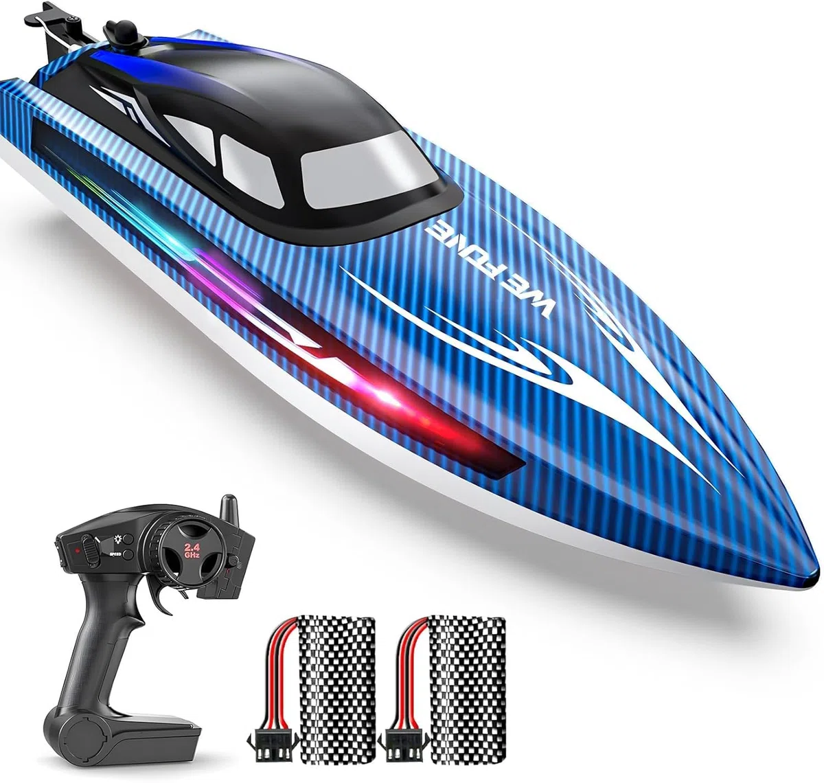 WeFone Barca telecomandata per adulti, 25+ KMH Fast RC Speed Boat con luce LED per bambini, Demo, WF17 Ideale per piscine e laghi giocattolo, 2 batterie ricaricabili per 30-40 minuti (blu)