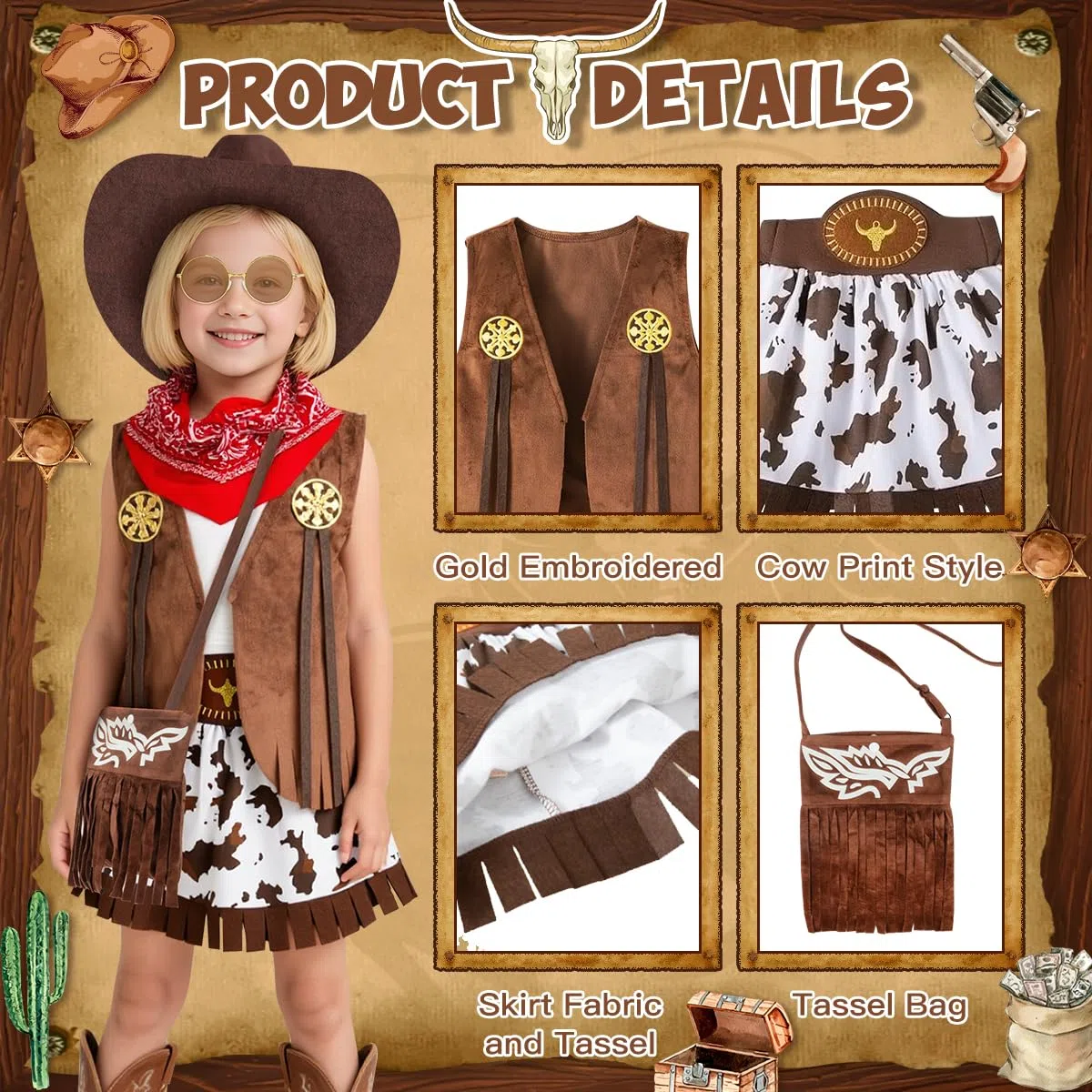 Cowgirl Costume Bambina, Western Vestito Cowgirl Bambina con Gilet, Cappello, Bandana Rossa, Costume da Cowgirl per Halloween Carnevale Cosplay Festa