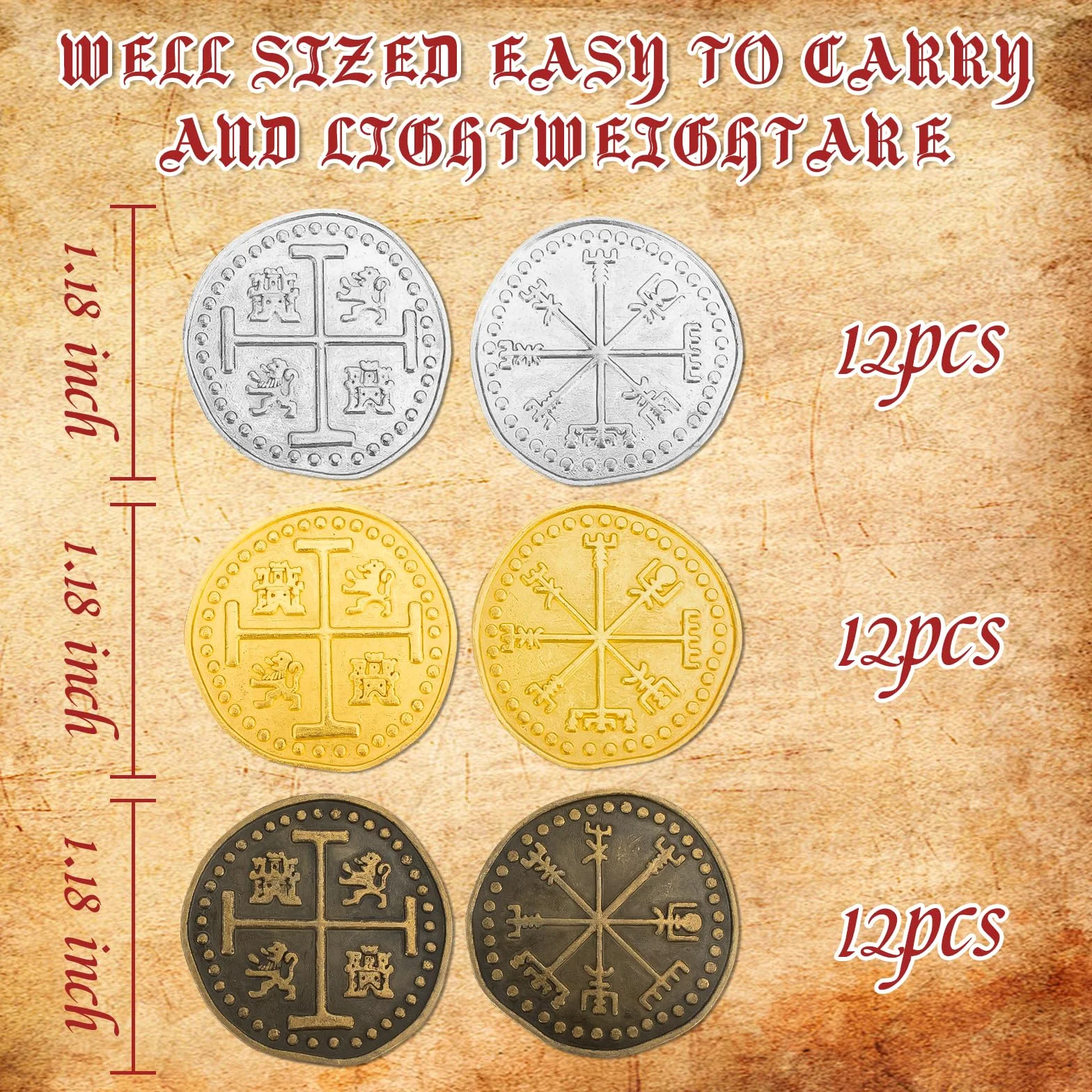 Byhoo 36 Pcs Metallo Pirata Token Set Monete Set Realistico Tesoro Spagnolo Monete per Pirati Scrigno del Tesoro Caccia del Tesoro Cosplay Giocattoli Da Tavolo