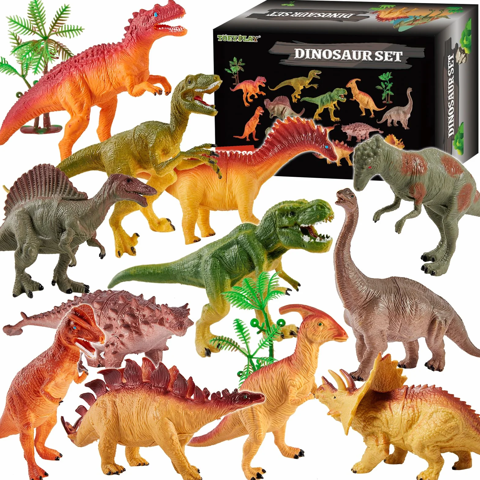 TOEY PLAY 12 Pezzi Dinosauro Giocattolo Gigante, Figure Dinosauri Set con Alberi, T-Rex, Triceratop, Giochi Dinosauri 3 4 5 6 Anni, Regalo per Bambini Ragazzi Ragazze