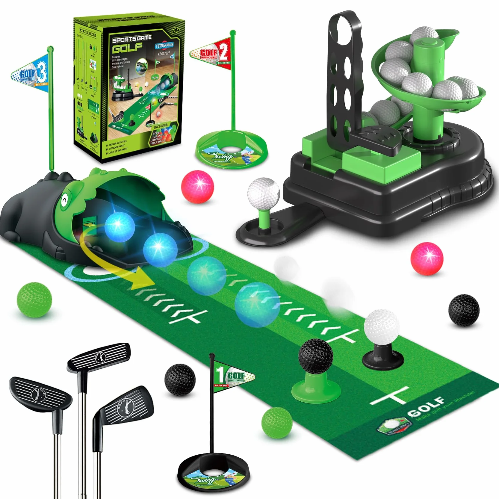 TERRAMUS Set da golf per bambini aggiornato, giocattoli da golf 3 in 1 con dinosauro, ritorno automatico della palla e lanciatore di palline, palline luminose a LED mini giocattolo da golf per età 3-8