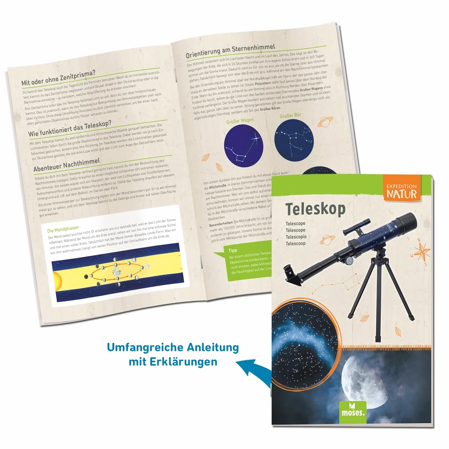 moses. Expedition Natur - Telescopio per bambini con ingrandimento fino a 90x, telescopio per principianti con treppiede, telescopio portatile per esterni