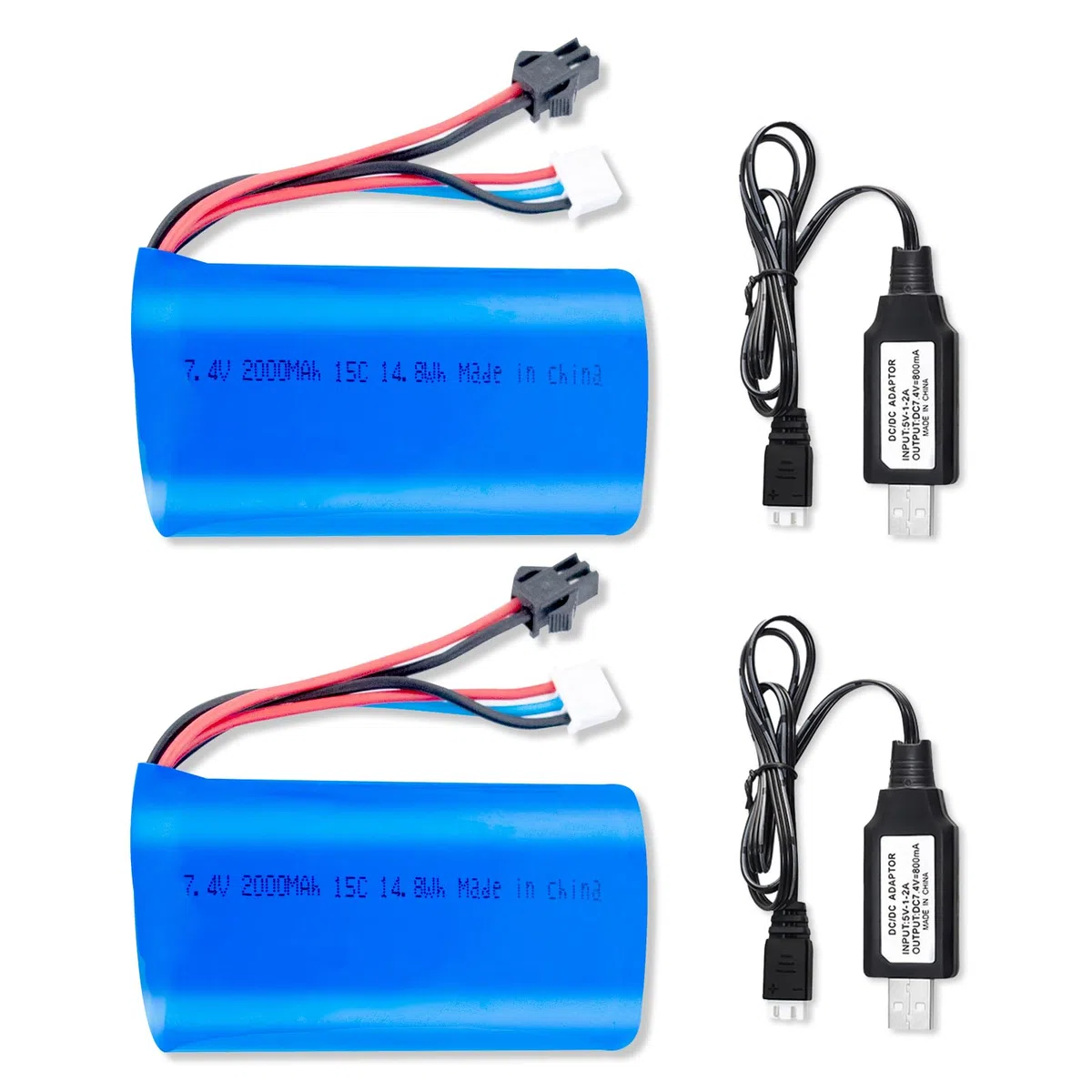 2 batterie agli ioni di litio 7,4 V 2000 mAh 15C 2S con connettore SM-2P ad alte prestazioni con 2 caricabatterie USB per auto RC, camion RC e barche RC