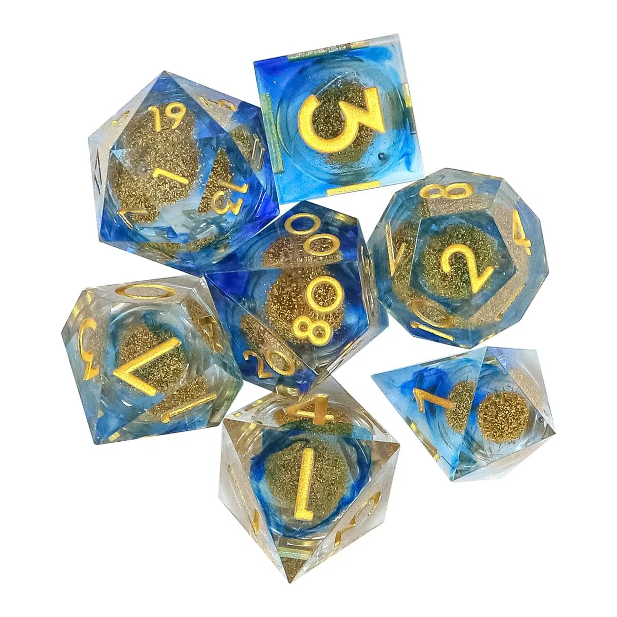 Sarini 7 pezzi di dadi con nucleo liquido in resina dadi con bordi affilati set di dadi DND poliedrici per giochi da tavolo MTG RPG Dungeons and Dragons （Oro blu）