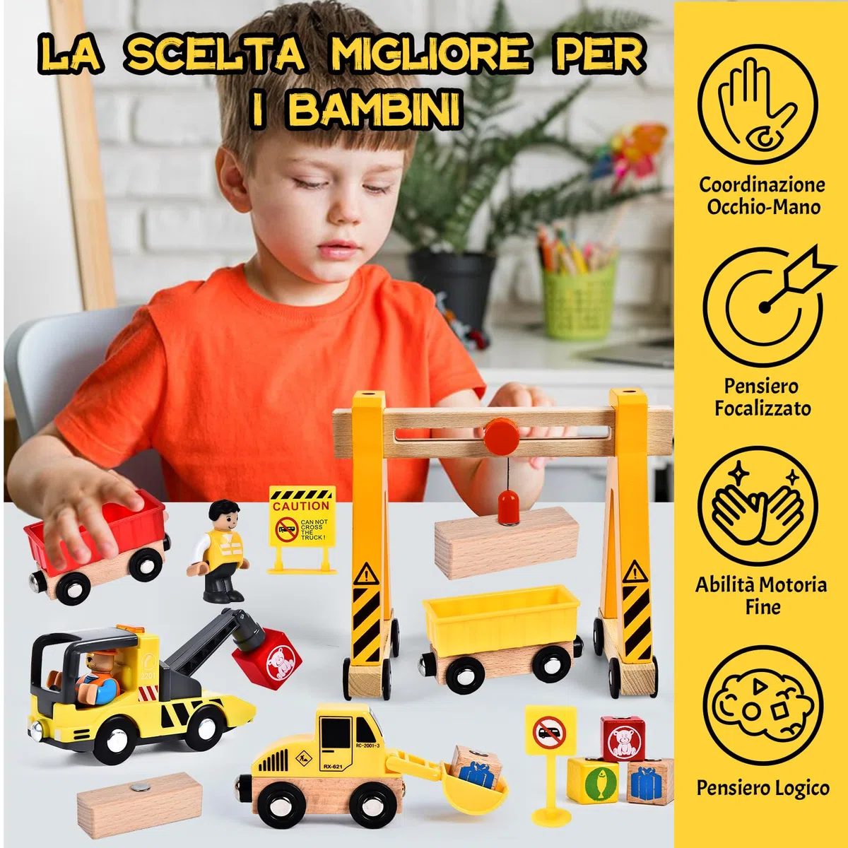 Herenear Veicolo da Cantiere in Legno per Bambini, Magnetico Veicoli con Gru, Bulldozer, Rullo Stradale, Gru a Cavalletto, Giocattoli Educativi per Bambini dai 3 anni in su