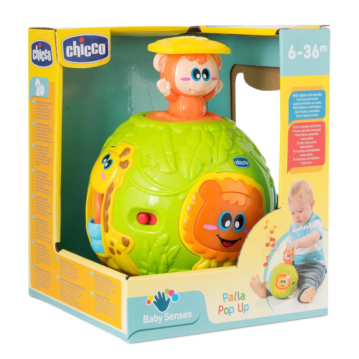 Chicco Gioco Palla Pop Up, Palla Musicale con Effetto Sorpresa, a Tema Giungla Con Luci, Suoni ed Effetto Cucù, Sviluppa Abilità Manuali, 6-36 Mesi