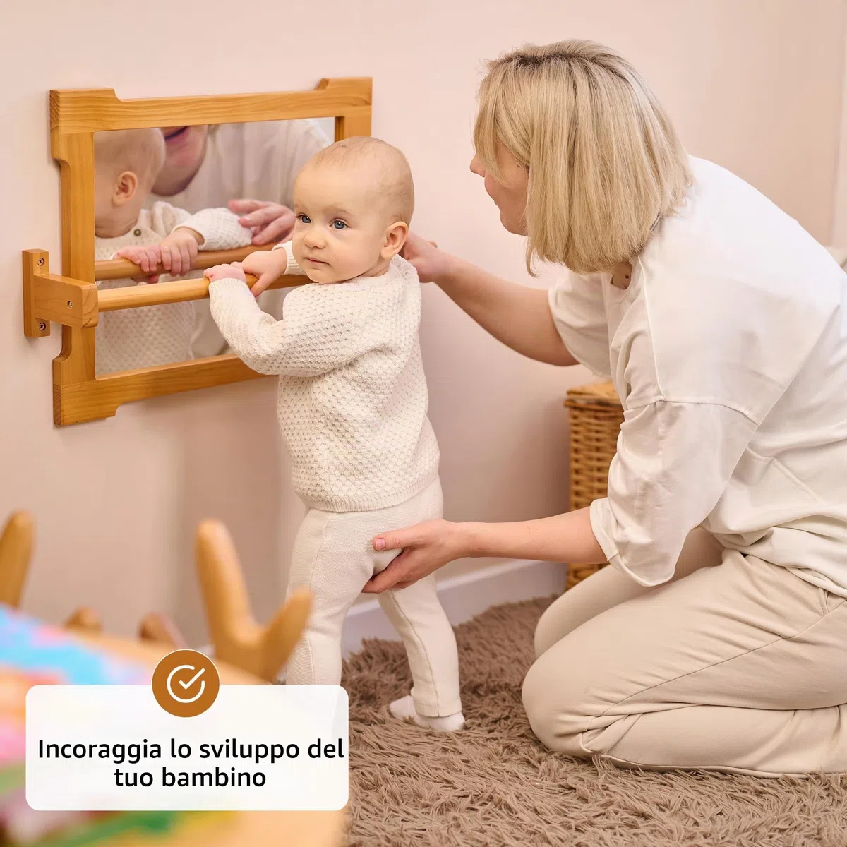 ODOXIA Specchio con Barra per Bambini | Montessori Neonati | Per il Pull Up | Ideale Casa e Scuola