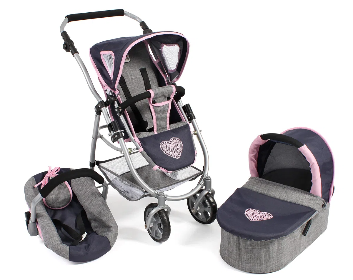 Bayer Chic 2000 637-26 Emotion - Passeggino combinato per bambole 3 in 1 All In, grigio melange e blu navy