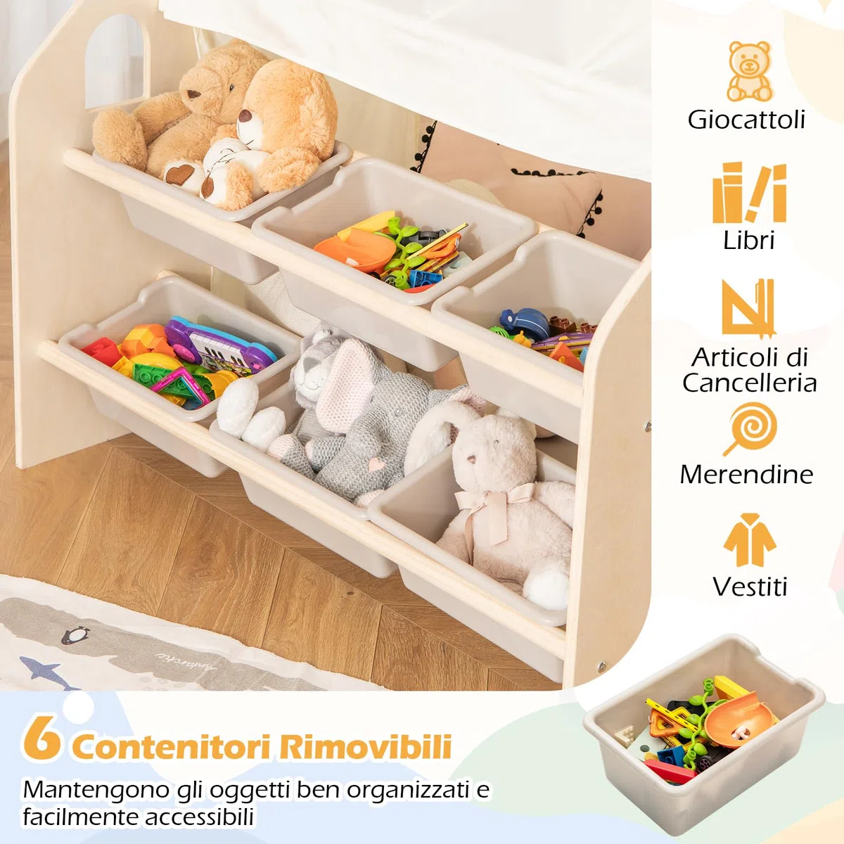 RELAX4LIFE 6 in 1 Tenda per Bambini con Casetta in Legno, Tavolino, Seida, Lavagna, 6 Scatole Portaghiochi, Tapettino Rimovibile, Per Cameretta, Asilo