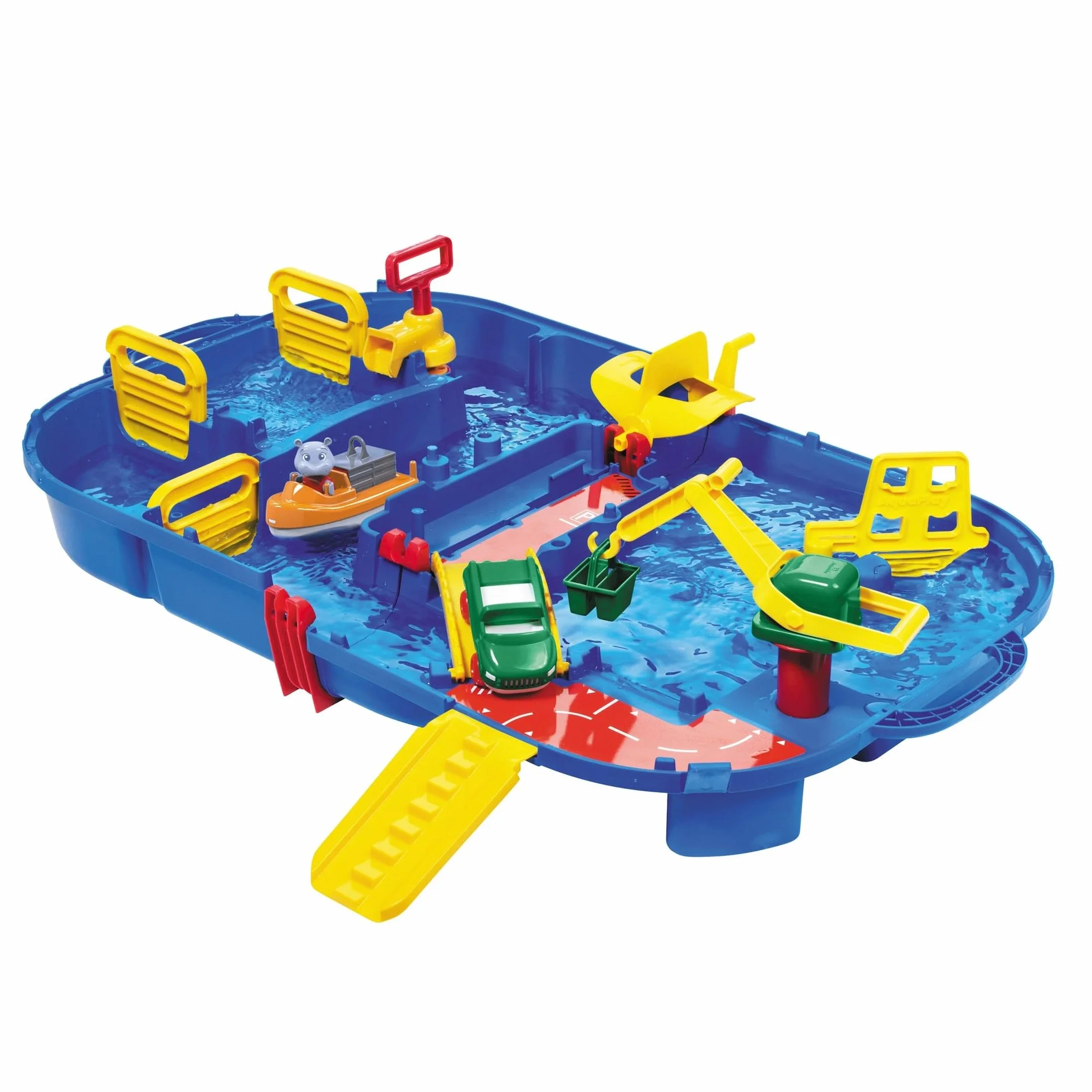 BIG Aquaplay - Lockbox Circuito Acquatico, 8700001516, + 3 Anni, con 27 Pezzi e Playset Incluso 1 Wilma Hippo, Auto Anfibio e Barca Portacontainer