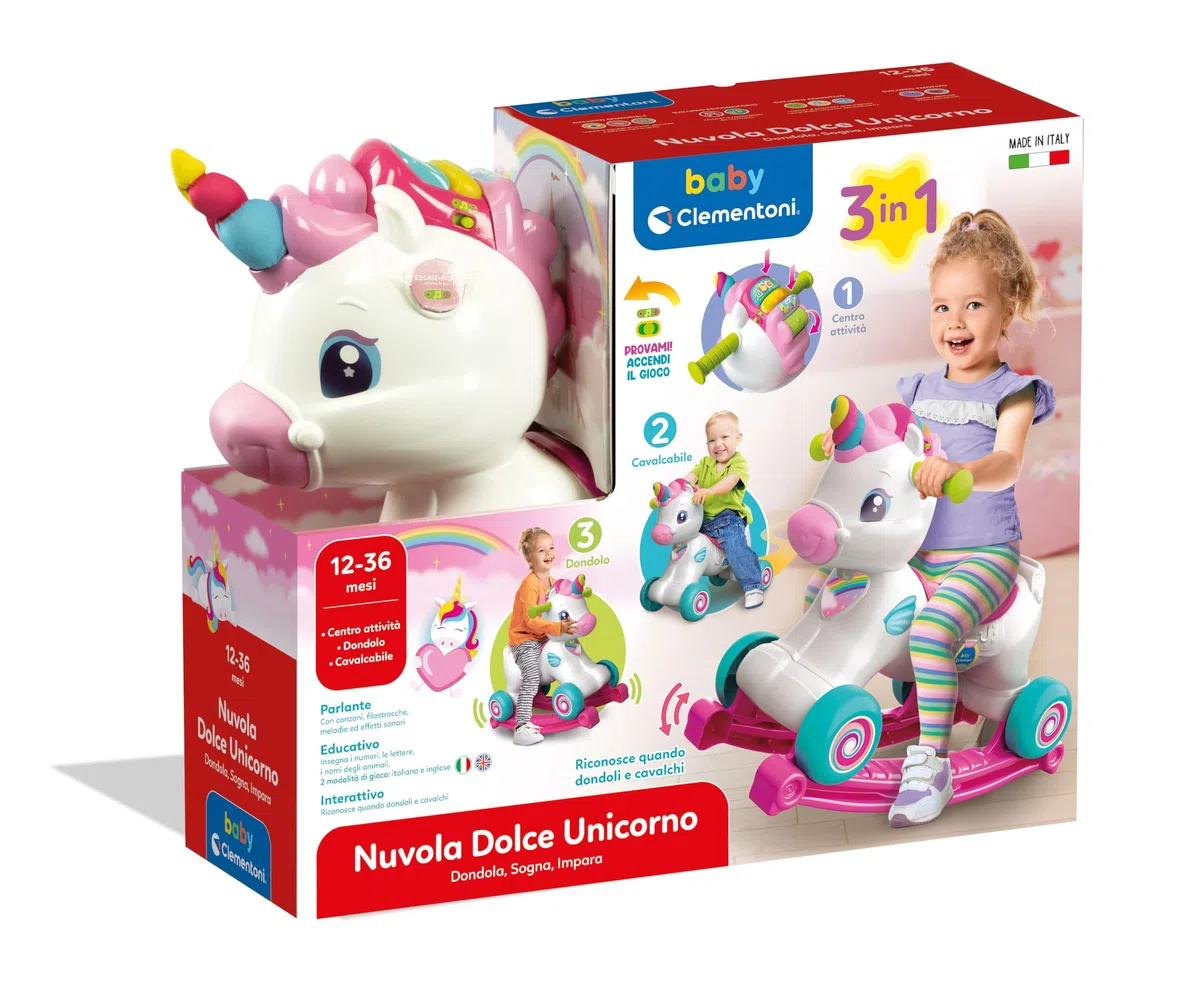 Baby Clementoni - Nuvola Dolce Unicorno, Ride On 3 in 1 Educativo per Bambino 12-36 Mesi, Gioco Parlante in Italiano e Inglese, Giocattolo Primi Passi con Suoni, Luci e attività Educative, 17855