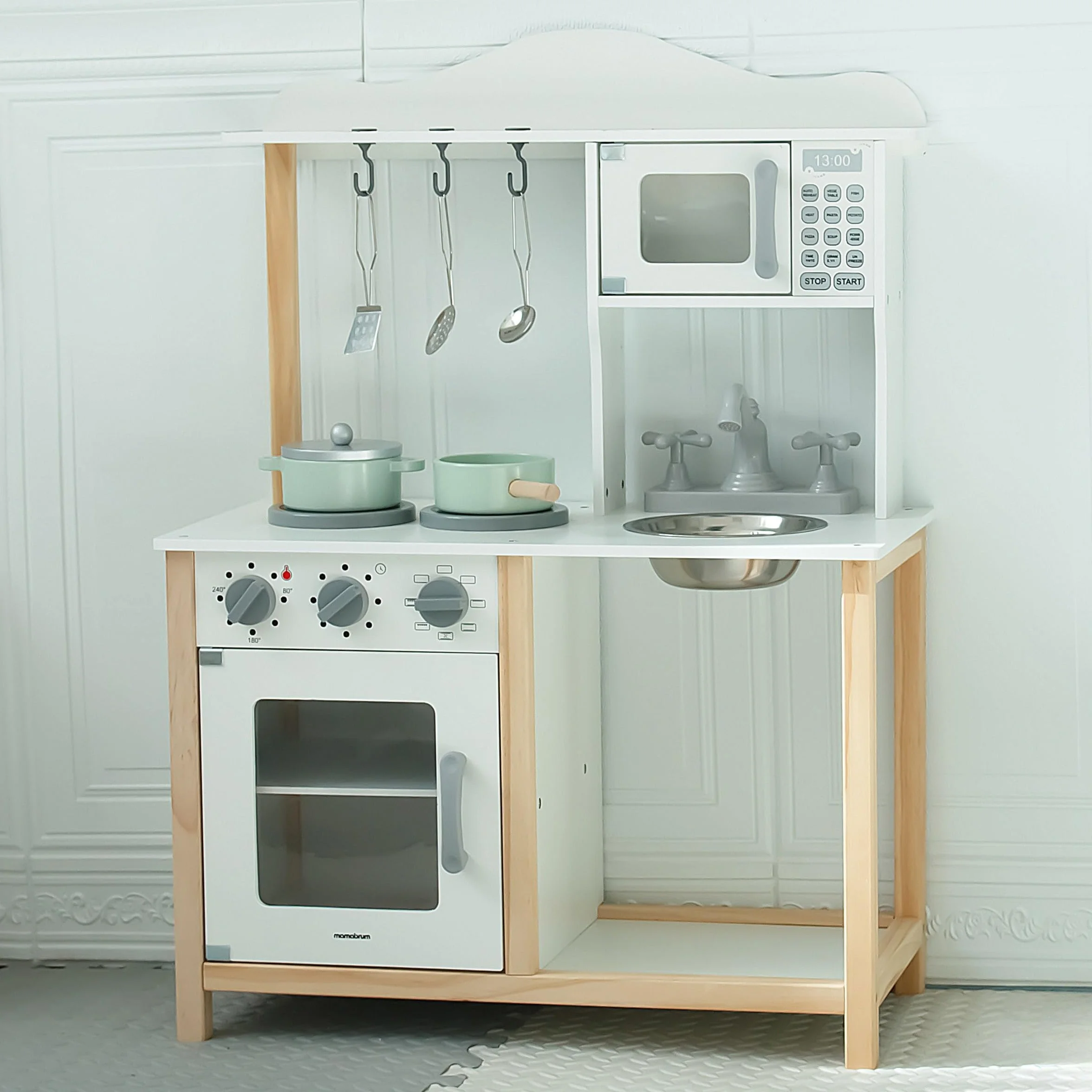 Mamabrum Cucina Giocattolo per Bambini in Legno - Cucina Completa con Forno, Microonde e Lavello - Set Montessori con Accessori e Suoni Meccanici per Bimbi da 3 Anni