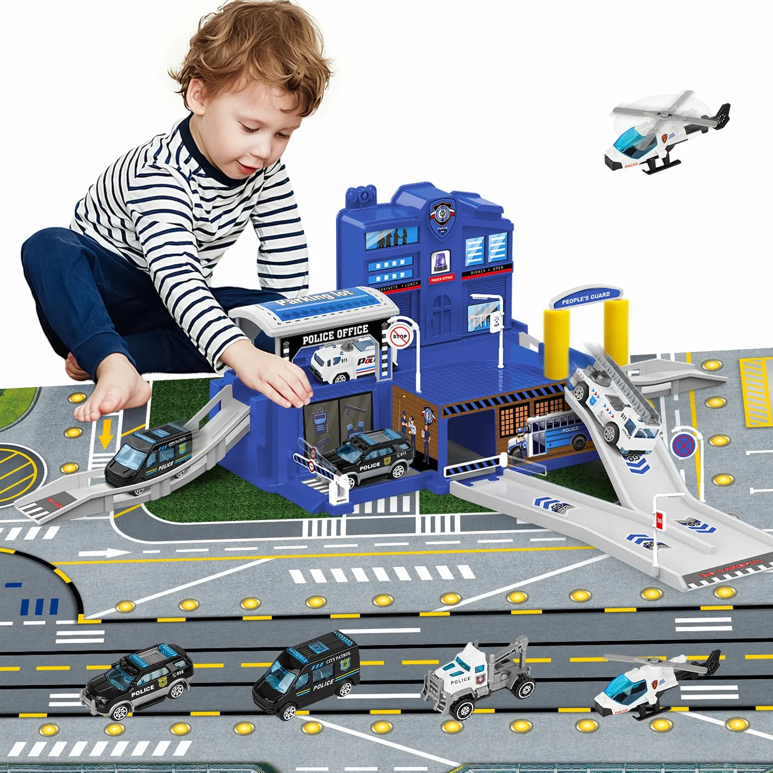 deAO Stazione di Polizia della Città, Giocattolo da Costruzione con Edificio per Uffici, Veicoli della Polizia, Elicottero, Camion, con della Polizia, Regalo per Bambini e Bambine dai 3 Anni in su