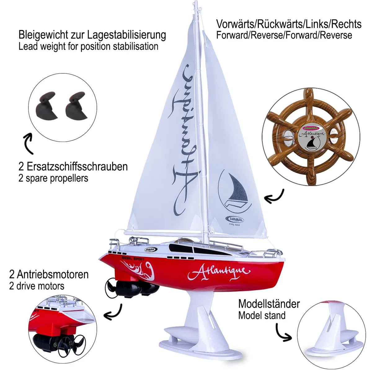 JAMARA 040250 - Barca a Velo Atlantique, 27Mhz, 2 Canali RTR, Rosso/Bianco