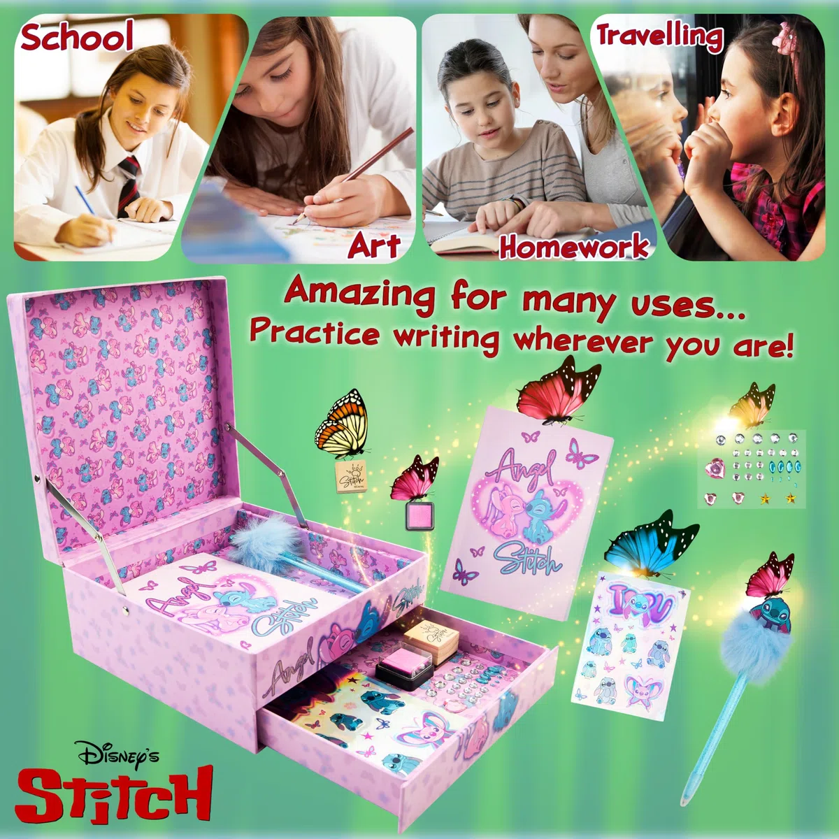 Disney Stitch Quaderno Set Cancelleria Bambina Ragazza Diario DIY Journaling Kit con Timbro Penna Adesivi Gemme Idee Regalo (Rosa Stitch)