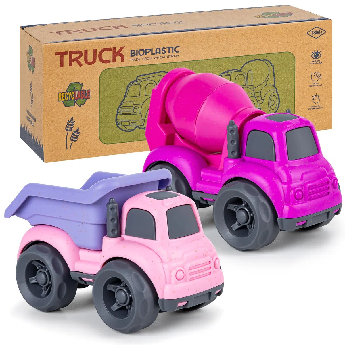 Giochi Bambini 1-3 Anni | Camion Costruzione (Betoniere + Autocarro) – Giocattolo Ecologico in Paglia Naturale e Plastica Riciclata | Ideale per Spiaggia, Giardino e Sabbia | Facile da Lavare （Rosa）