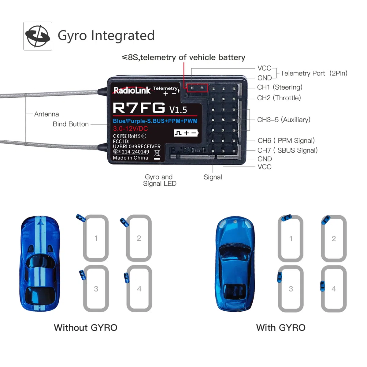 Radiolink 2.4Ghz R7FG Ricevitore giroscopico a 7 canali con telemetria di tensione Controllo a lungo raggio, RC Crawler di controllo radio per barche per auto RC6GS V3/RC4GS V3/T8FB/T8S/RC8X/T16D/T12D