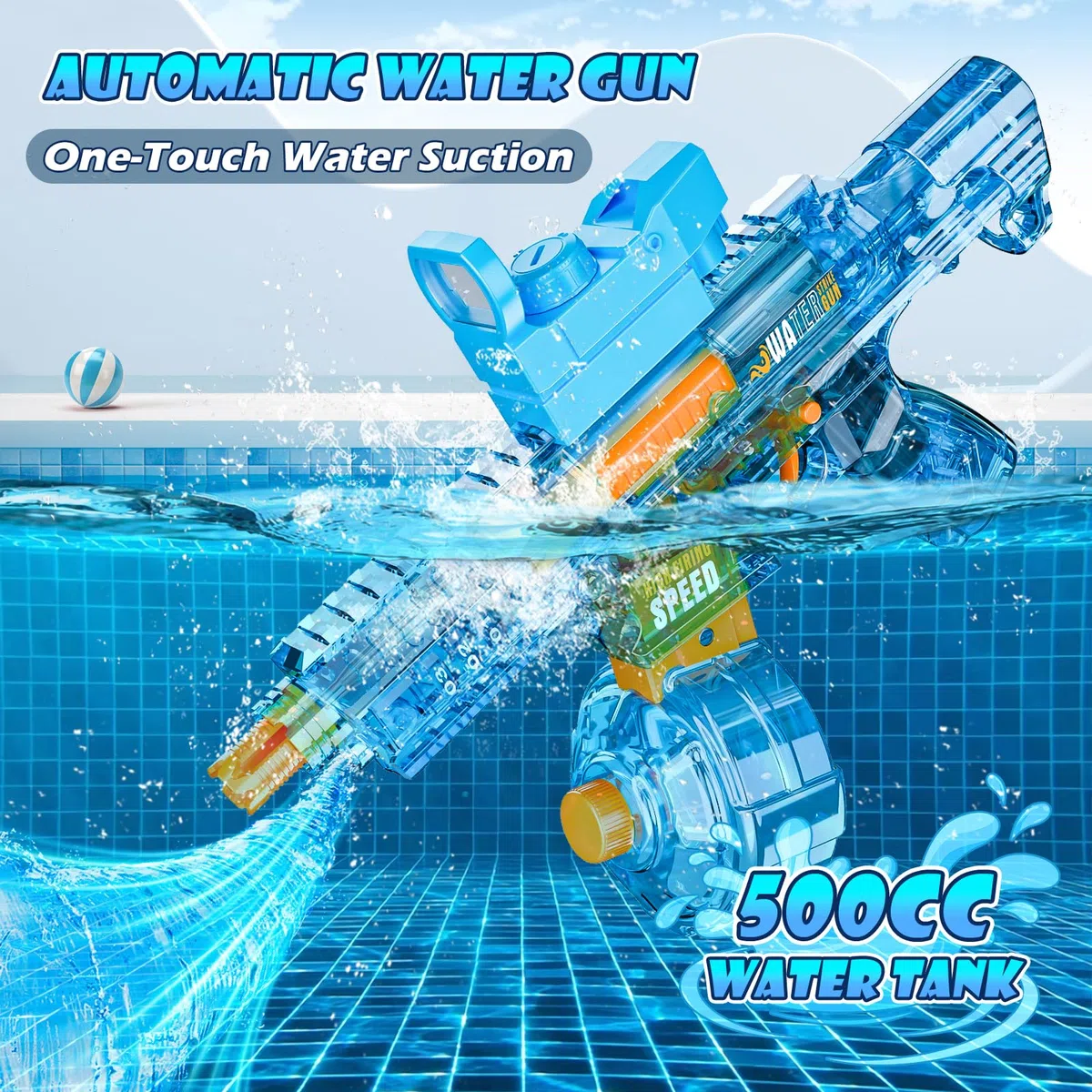 Pistola Elettrica ad Acqua per Adulti Bambini, Pistola ad Acqua Con Effetti Lampeggianti a Led, Fucile ad Acqua Automatico A Lunga Gittata per Feste, Piscina, Spiaggia (blu)