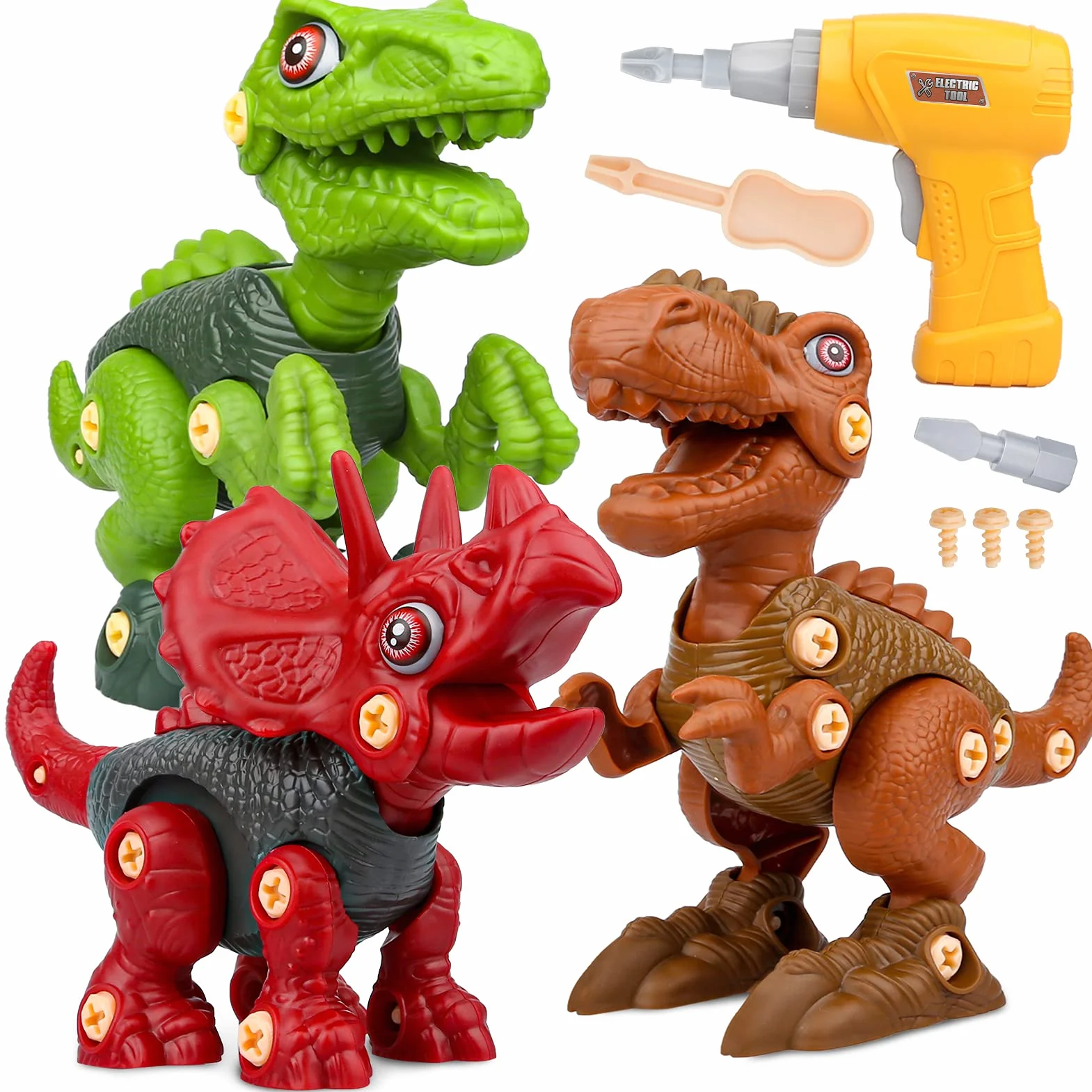 Vanplay Dinosauri Giocattolo con Trapano Giocattolo, Smontaggio Costruzioni includono Tyrannosaurus Rex, Velociraptor e Triceratops per Bambini 3 anni
