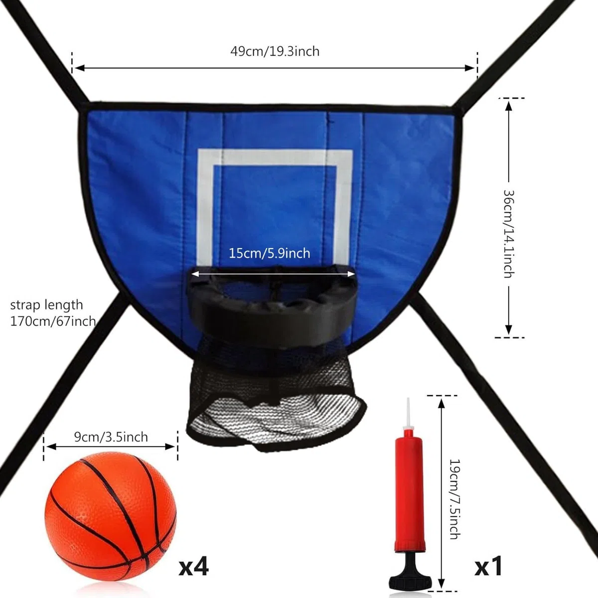 Canestro da basket per trampolino, 40 cm, regolabile, con 4 palline e pompa inclusa, telaio per trampolino, set da basket in PVC, per divertimento parco giochi per bambini, intrattenimento fitness in
