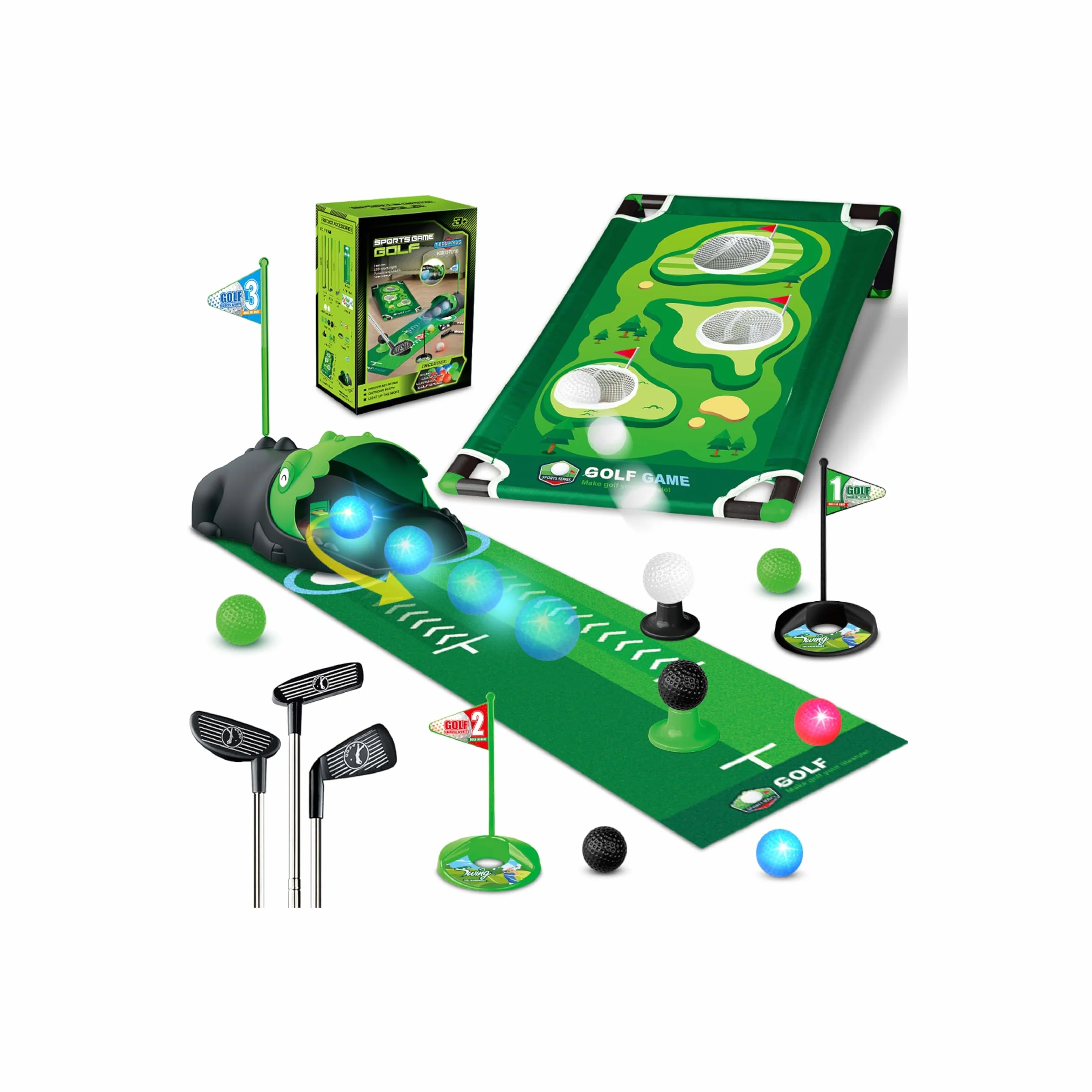 TERRAMUS Set da Golf 3 in 1 per Bambini con Ritorno Automatico Golf Dinosaursco, Tavolo da Golf Cornhole,Palline Luminose al LED,Tappeto per Il Putting,Mini Giochi di Golf,Regalo per Bambini 3-8 Anni